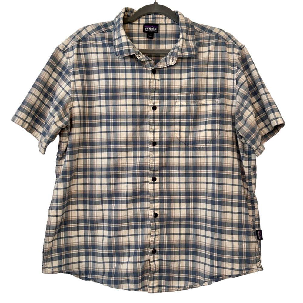 Patagonia Mens Plaid Organic Cotton Short Sleeve Shirt Size Large Blue Tan